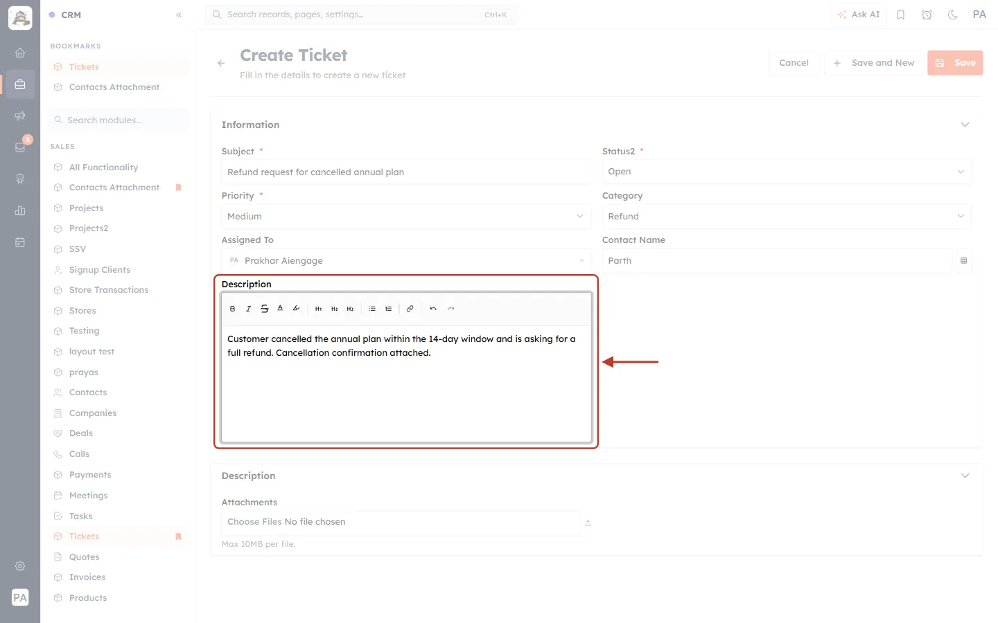 Description filled in on the Create Ticket form