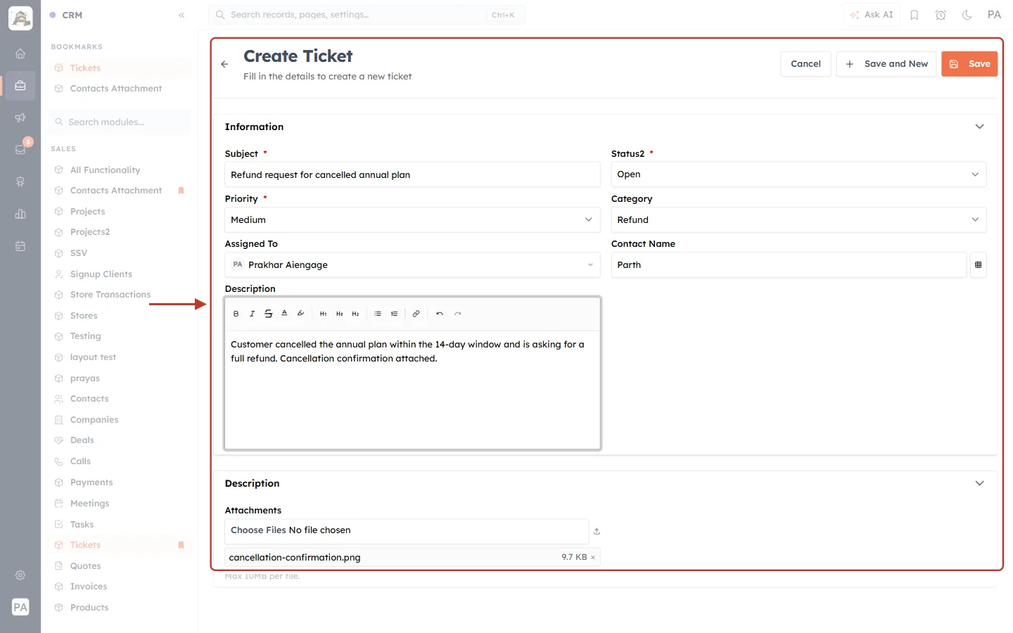 The completed Create Ticket form