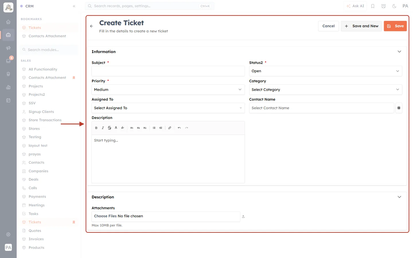 The empty Create Ticket form
