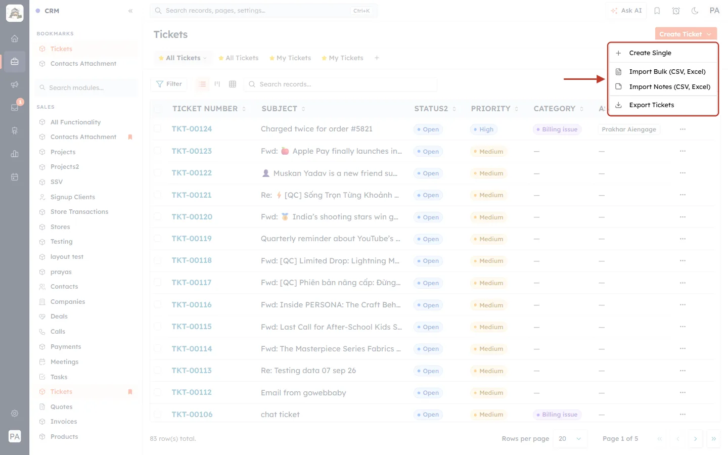 Create Ticket menu