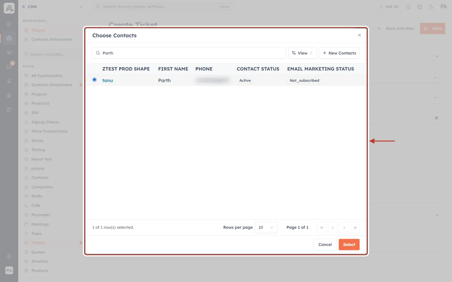 Choose Contacts window on the Create Ticket form