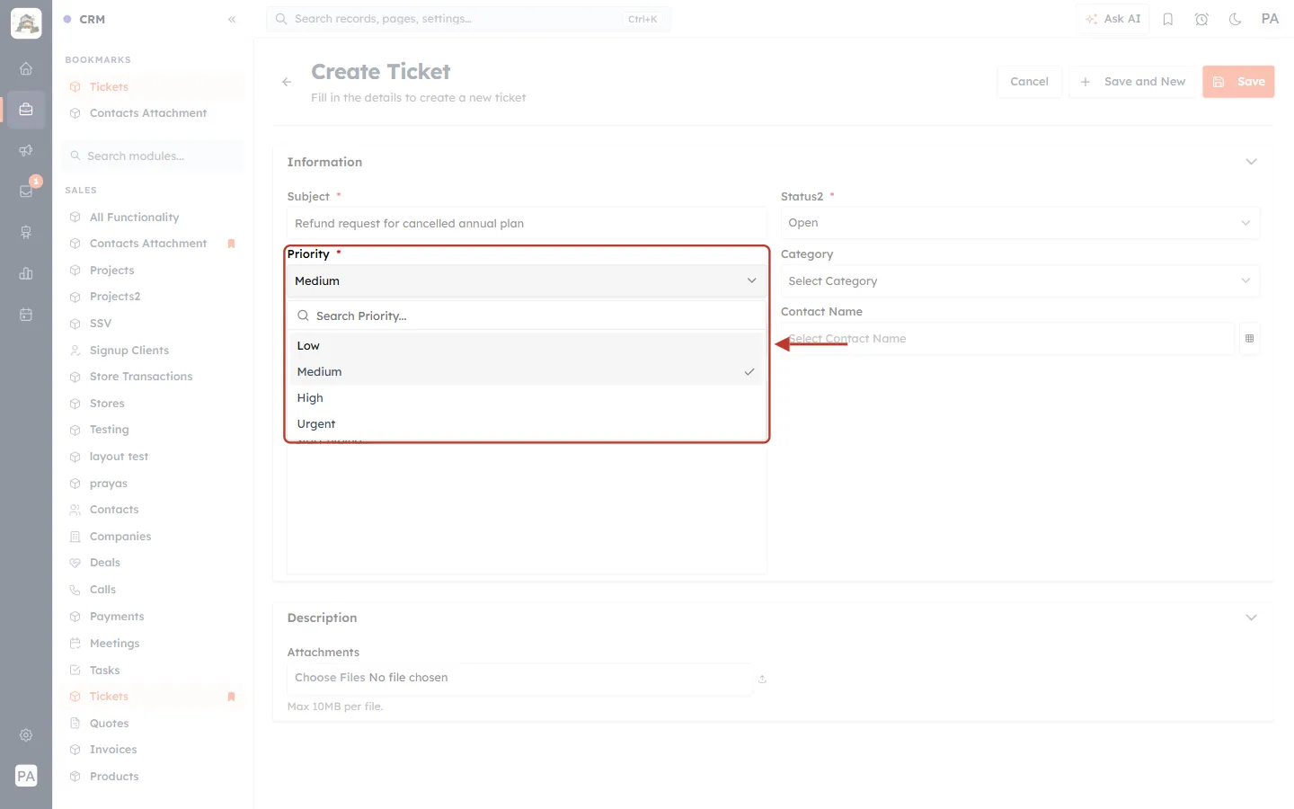 Priority list on the Create Ticket form