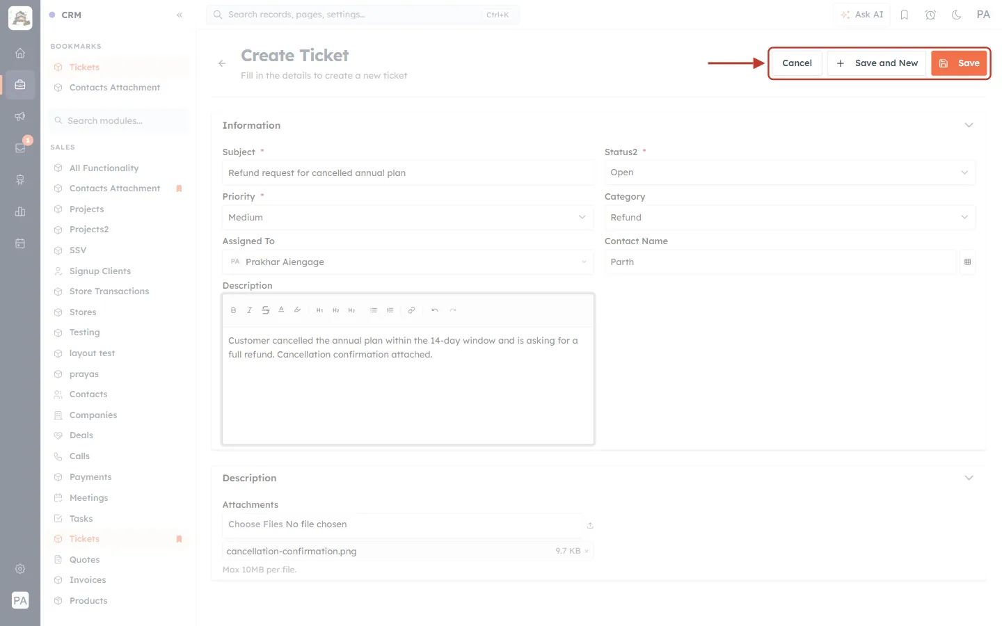 Cancel, Save and New and Save buttons
