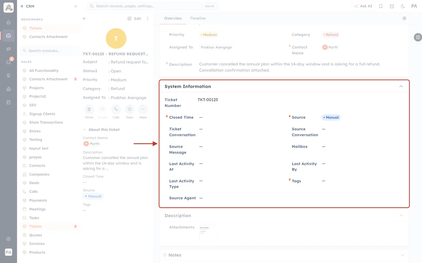 System Information with Ticket Number and Source Manual