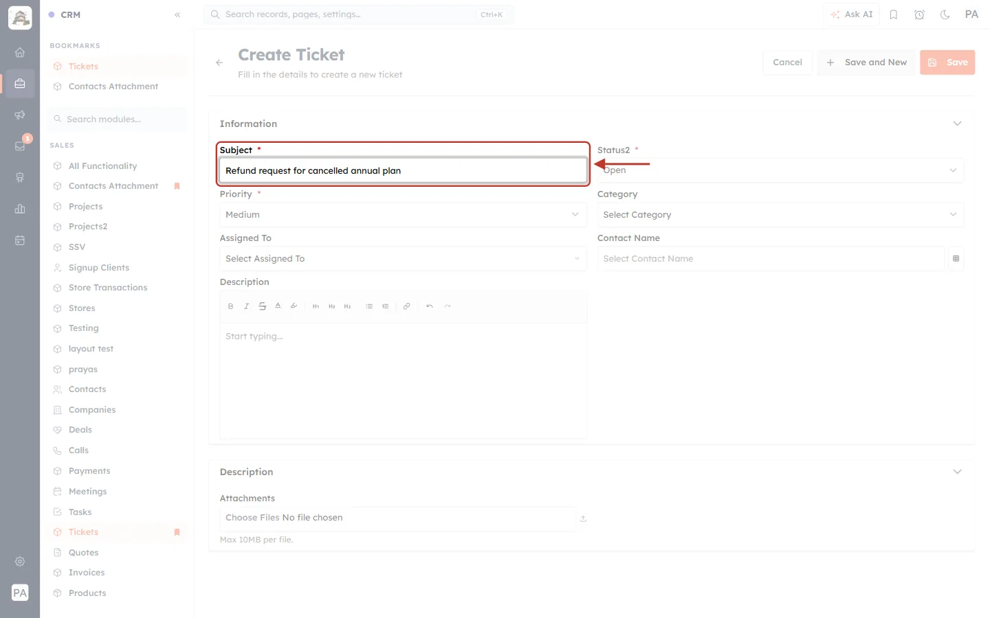 Subject filled in on the Create Ticket form