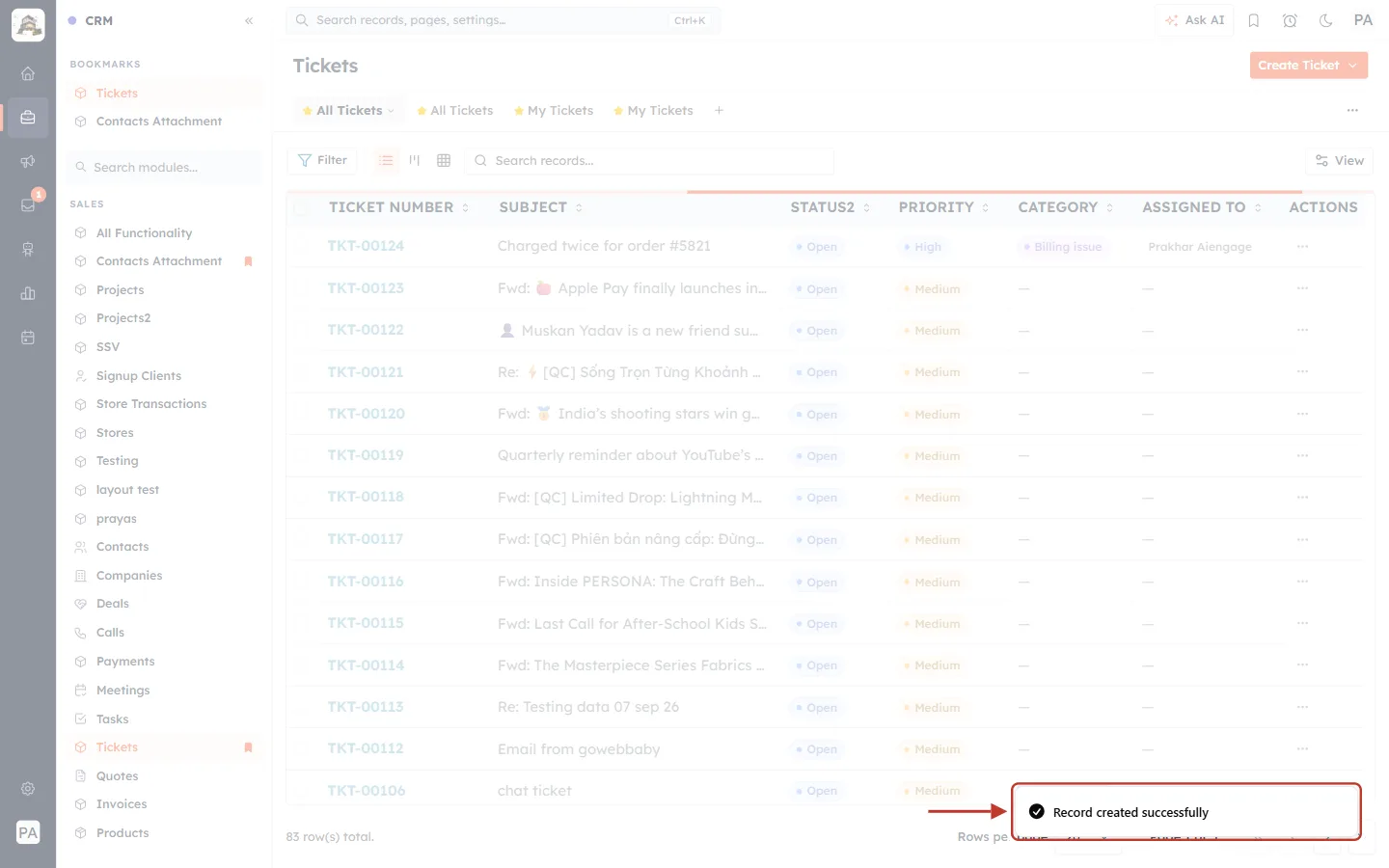 Record created successfully message