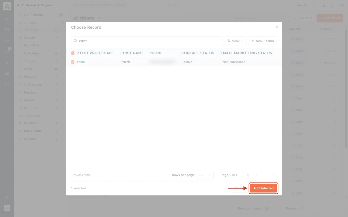 Add Selected button in the Choose Record window