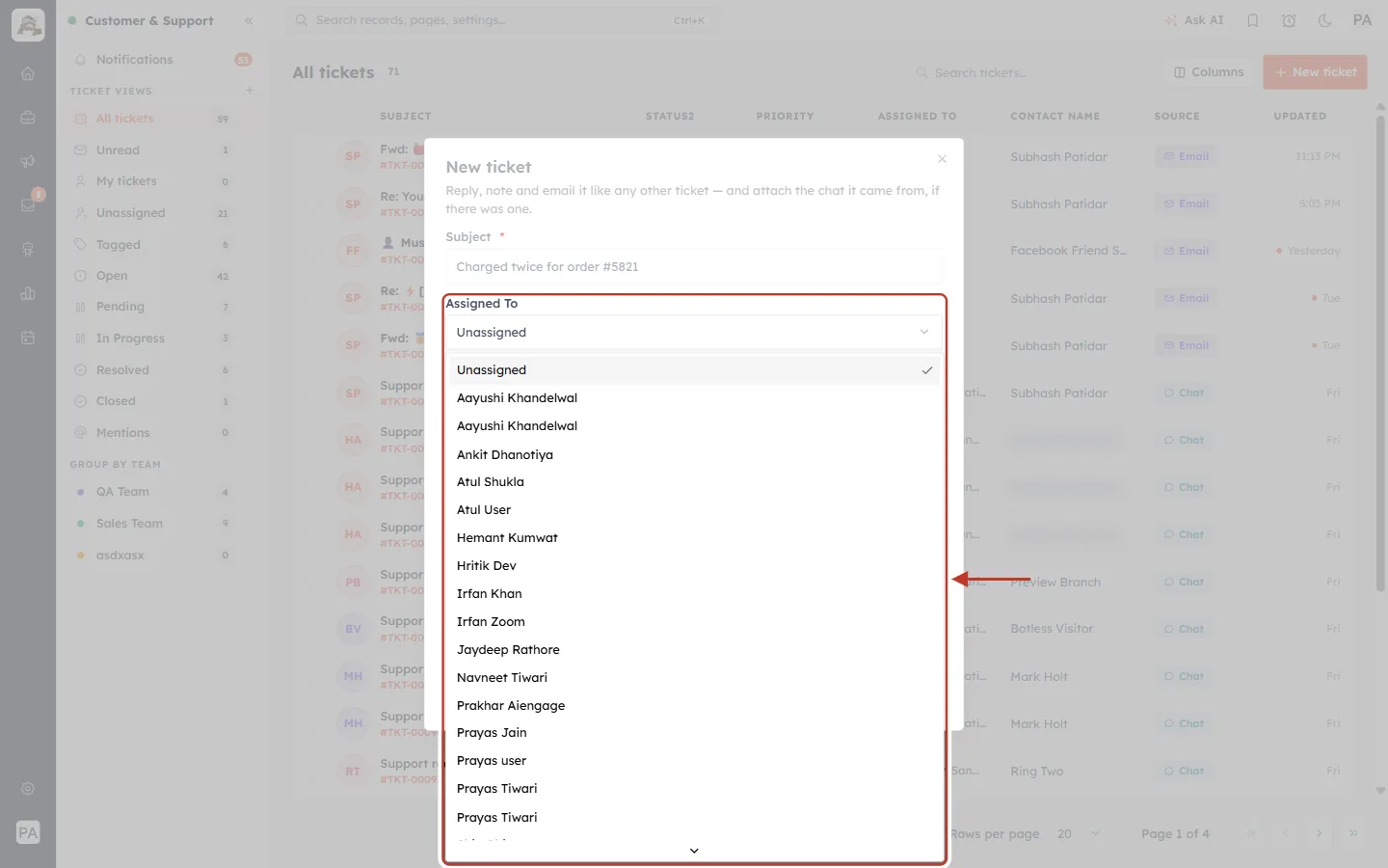 Assigned To list open in the New ticket form