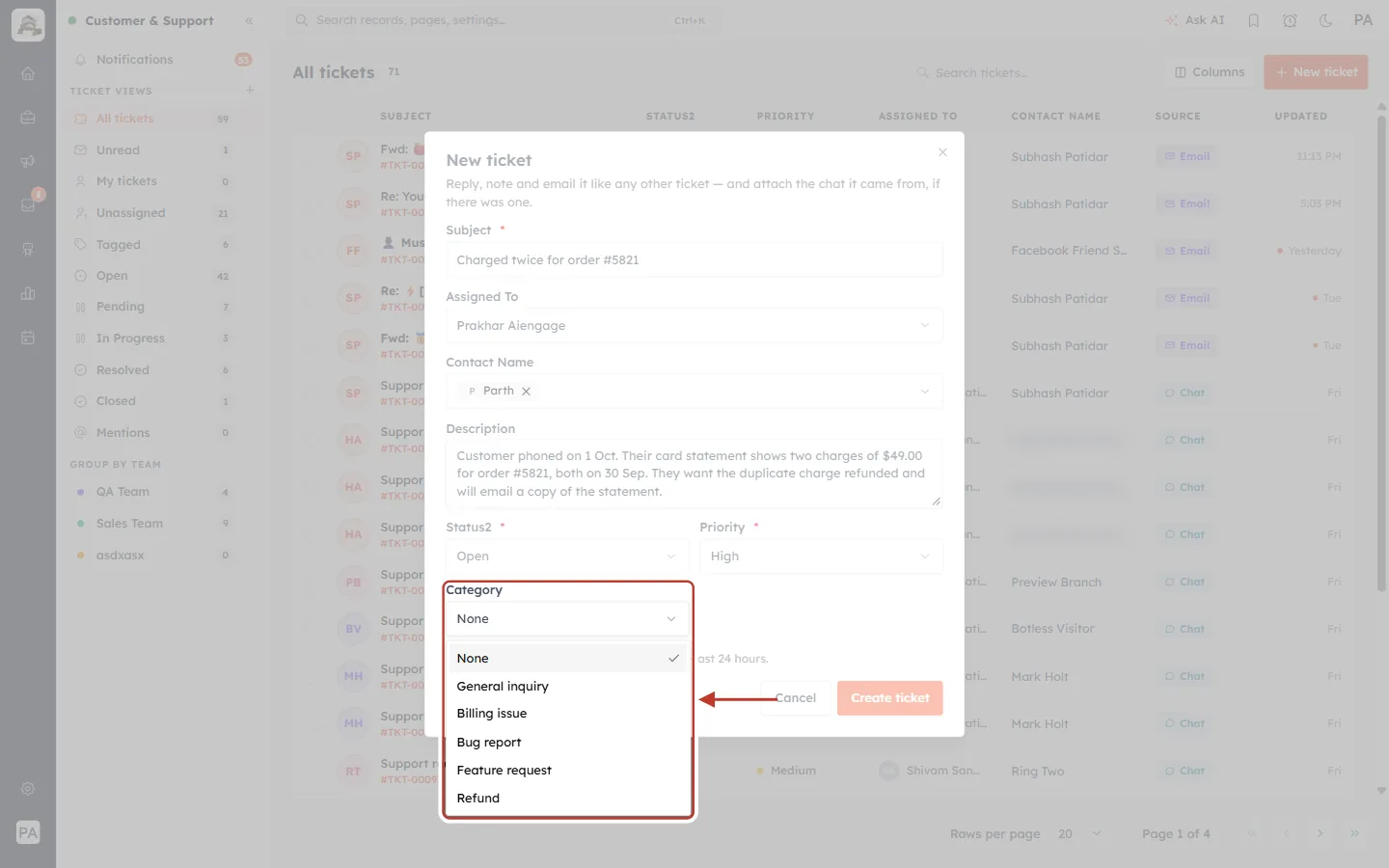 Category list open in the New ticket form