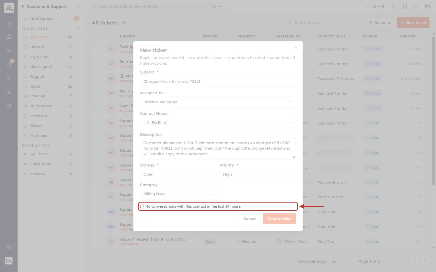 Conversation line in the New ticket form