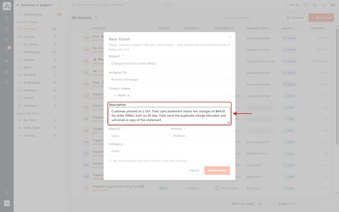 Description field filled in