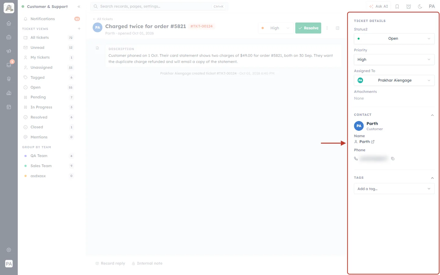The ticket details panel
