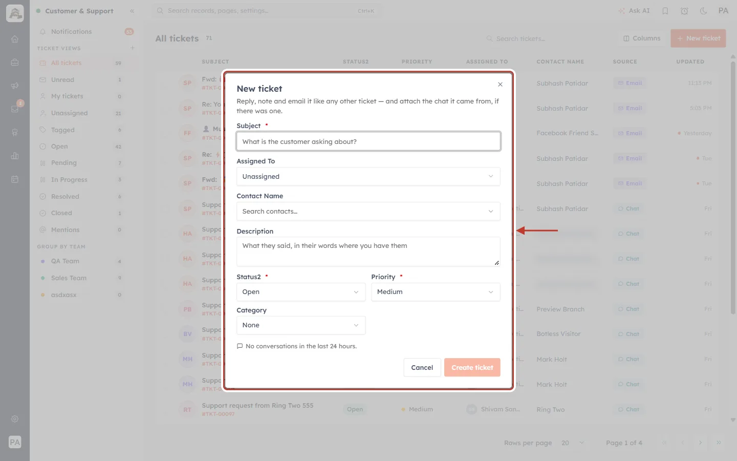 The empty New ticket form