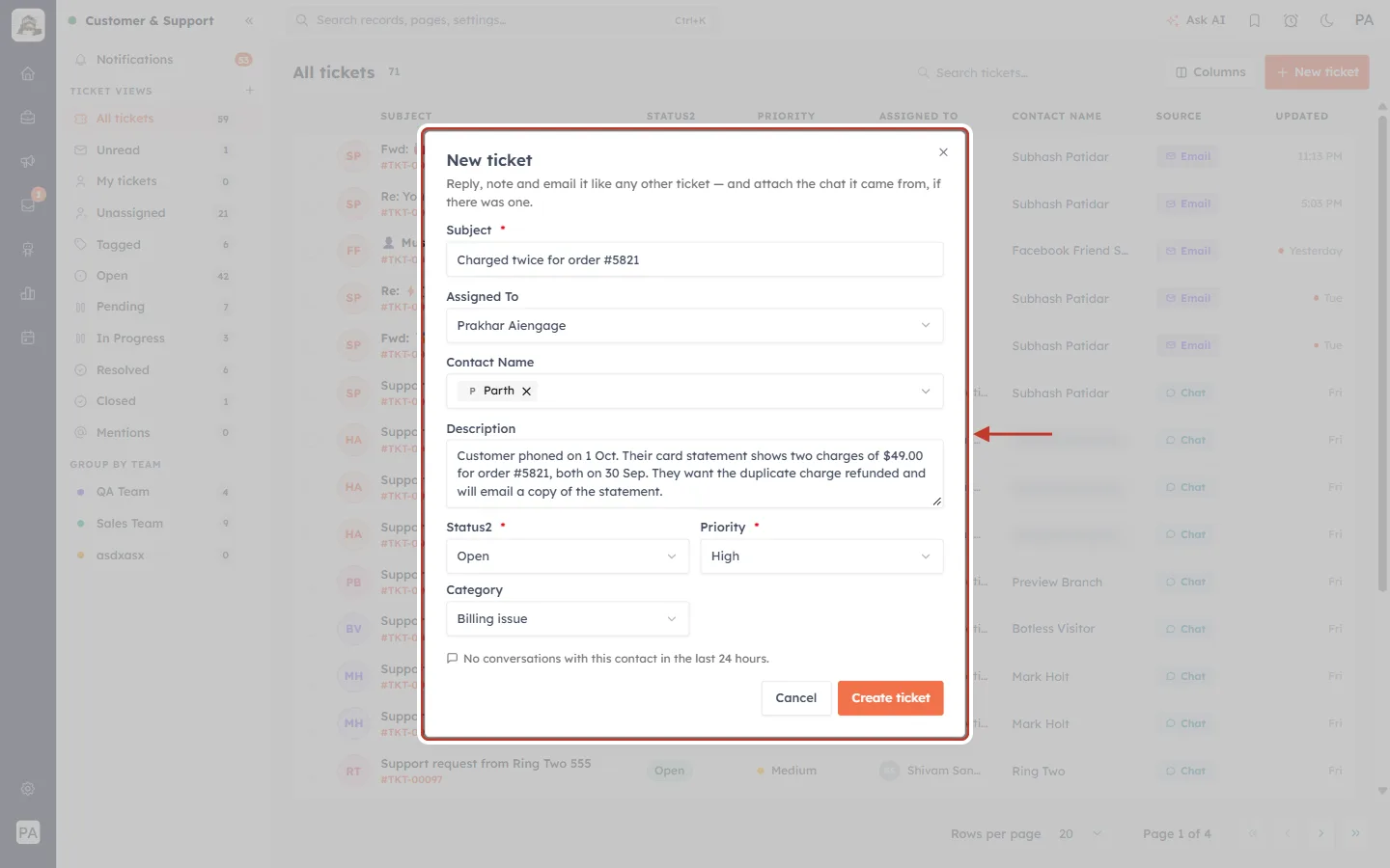 The completed New ticket form