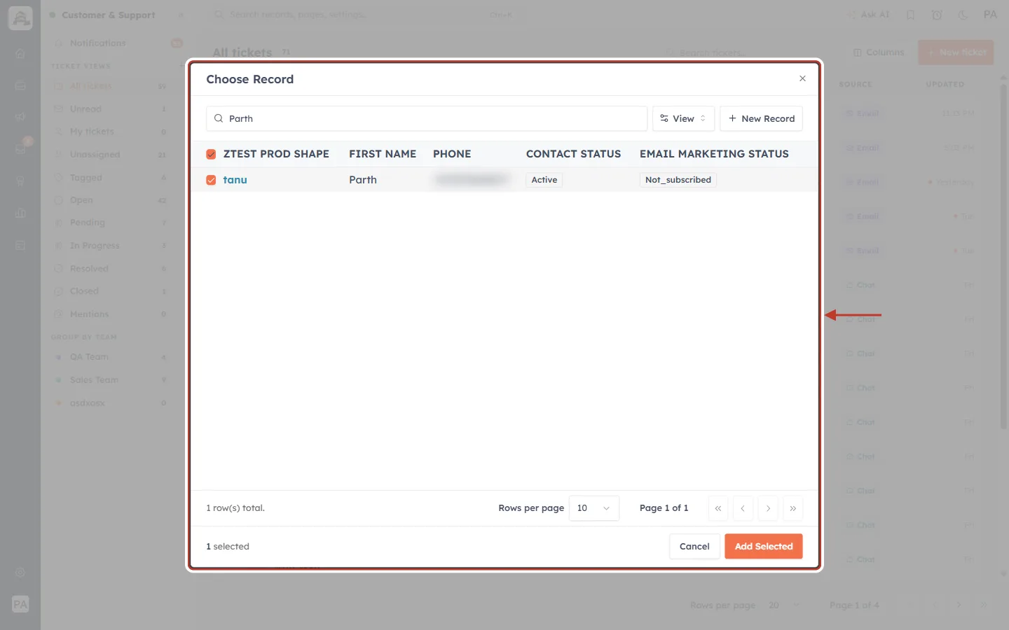 Choose Record with the customer found and ticked