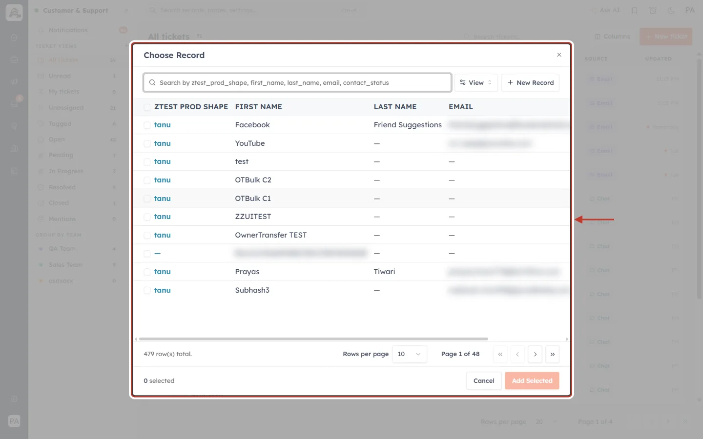 Choose Record window before searching