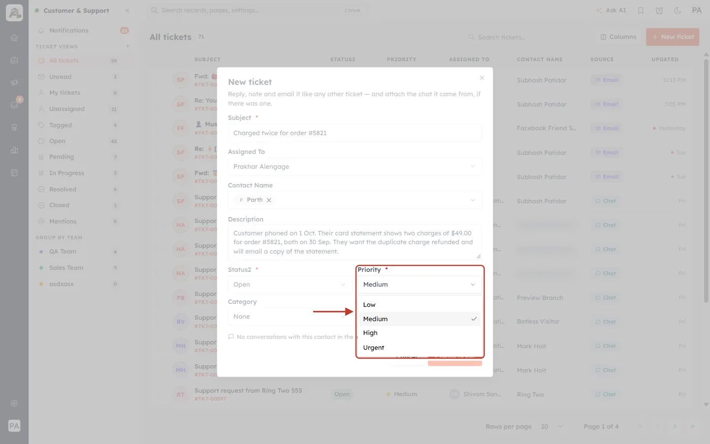 Priority list open in the New ticket form