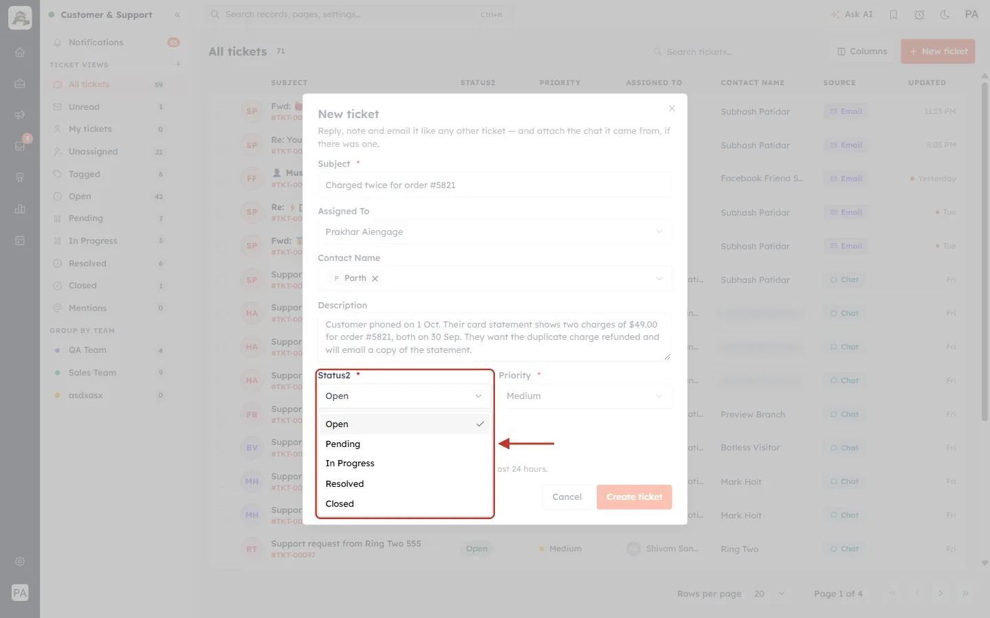 Status list open in the New ticket form