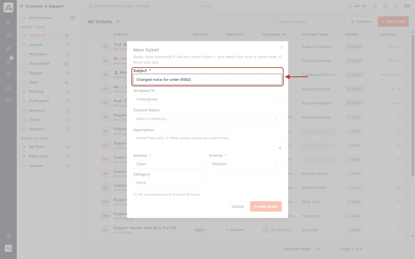 Subject field filled in