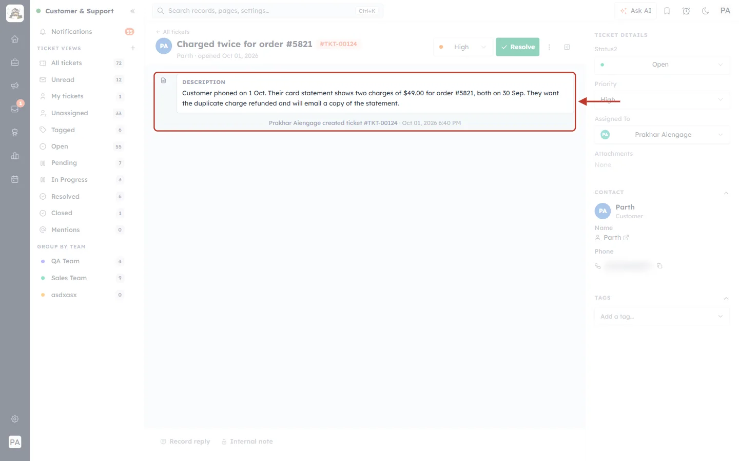 Description and creation line in the ticket conversation