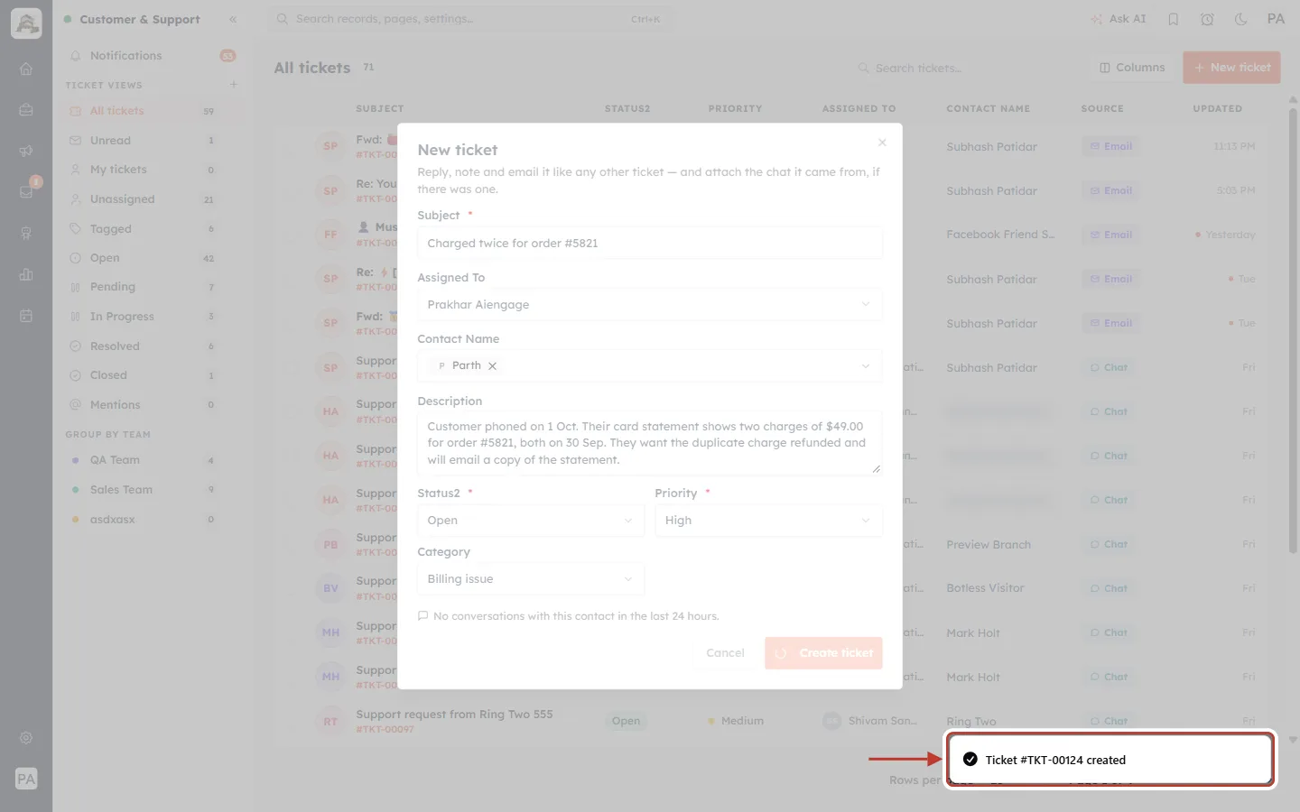 Ticket created confirmation message