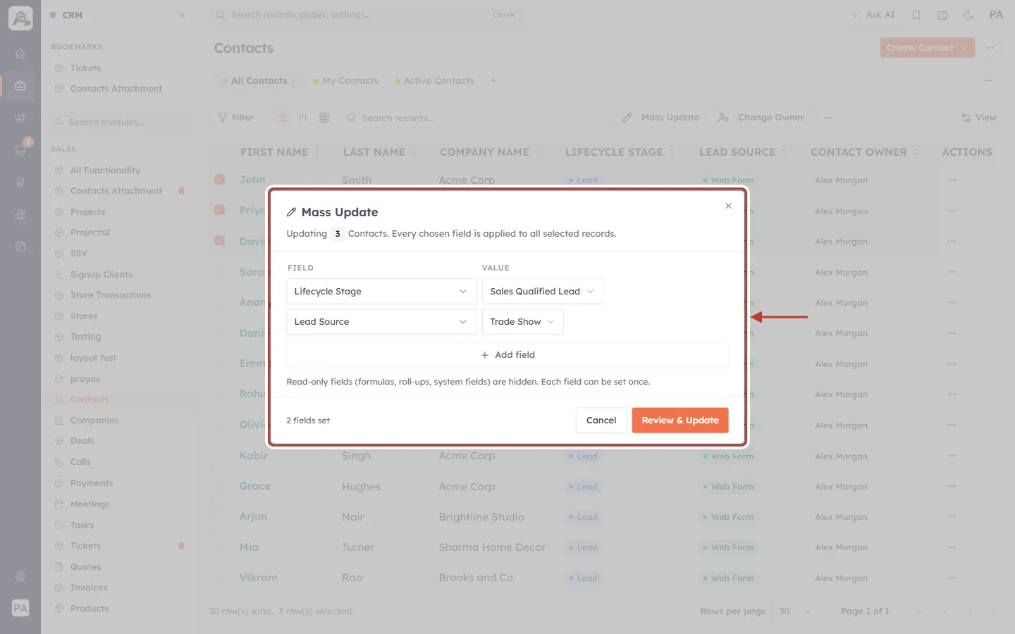 Two fields set in the Mass Update window