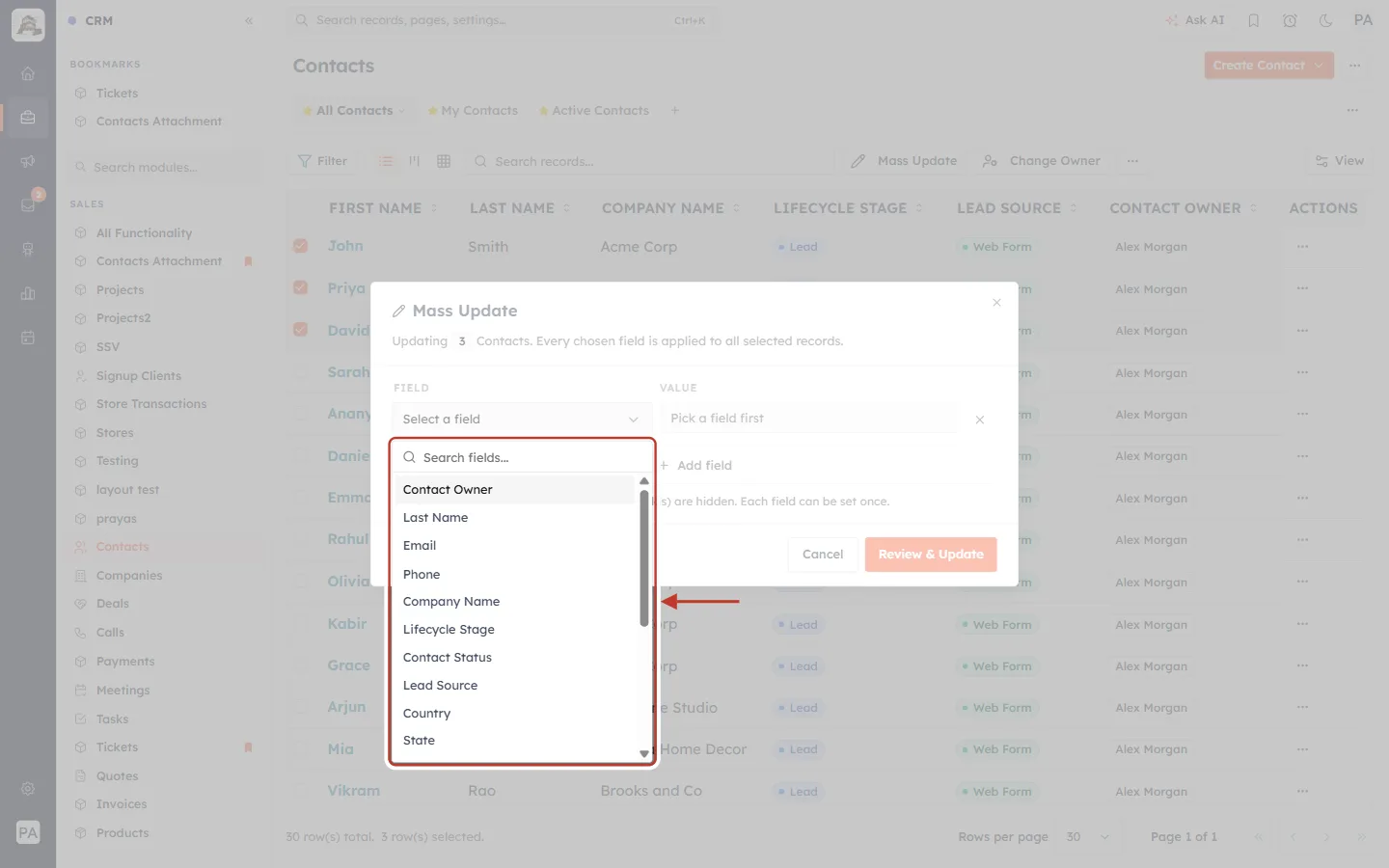 The list of fields that can be mass updated