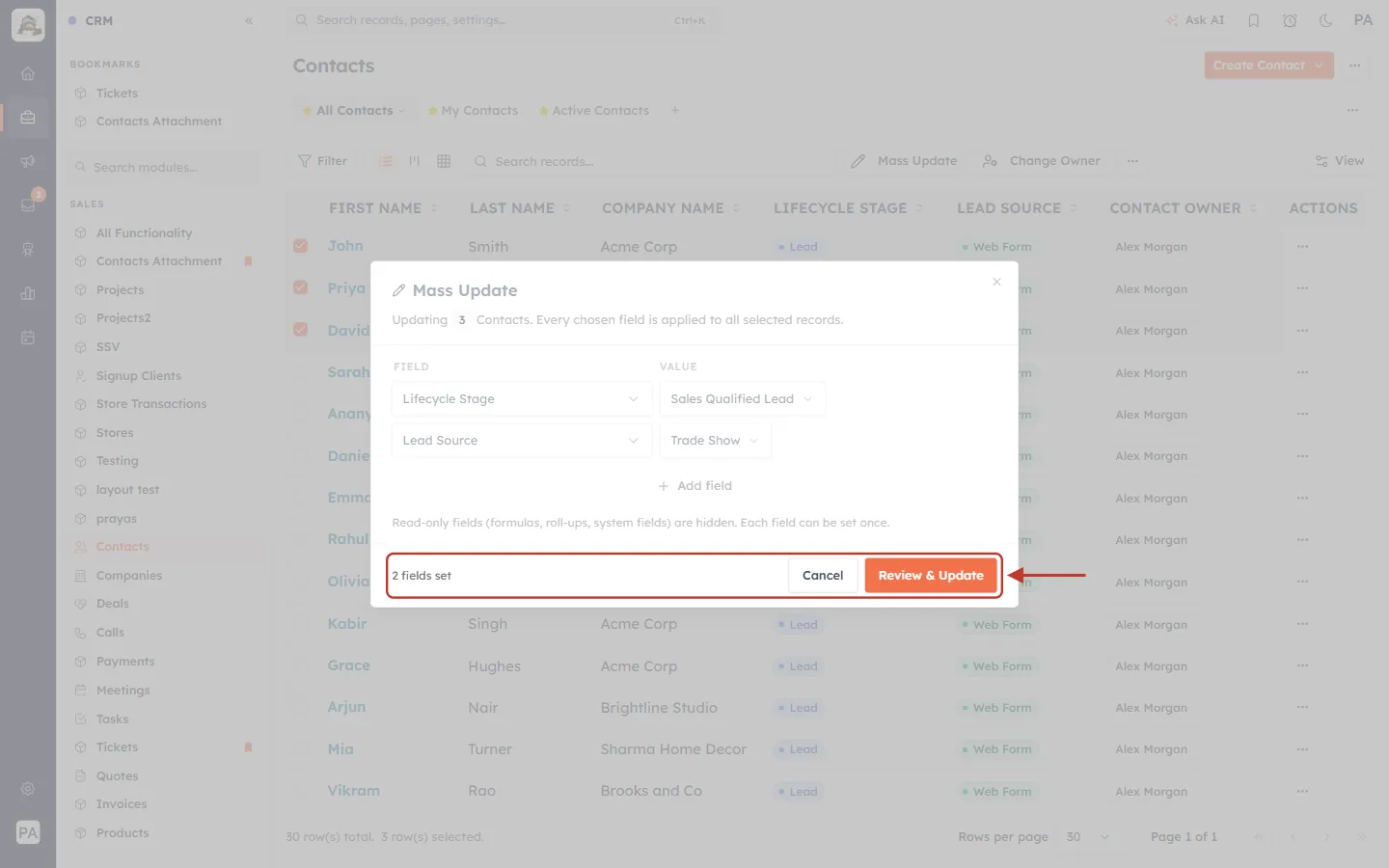 The fields-set count and Review & Update button