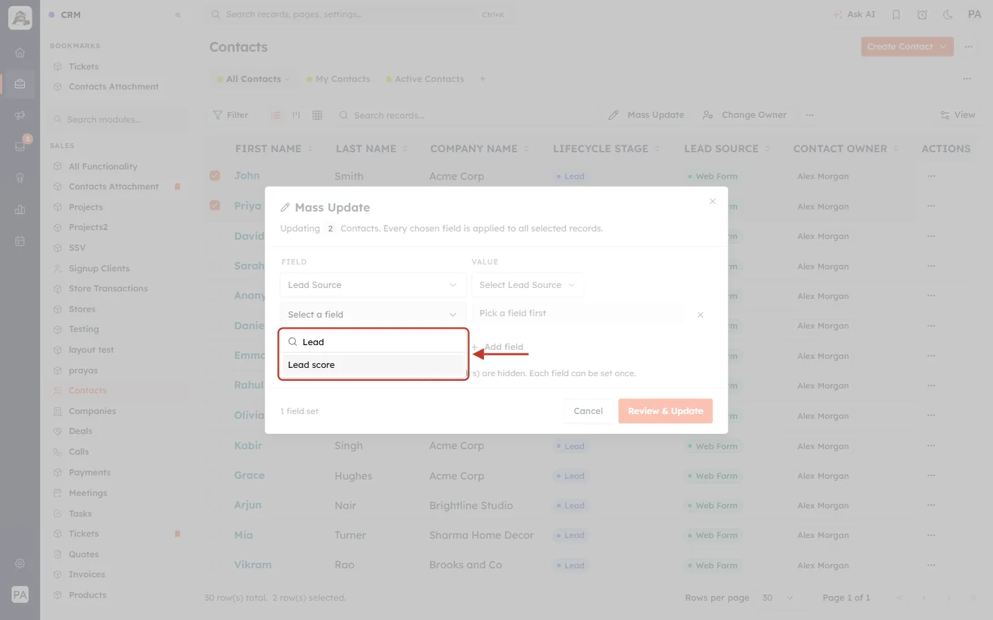 A field already used is not offered again