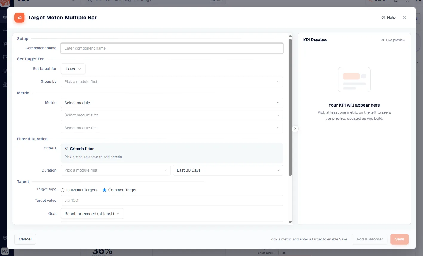 The Multiple Bar builder, with Set target for and Target type