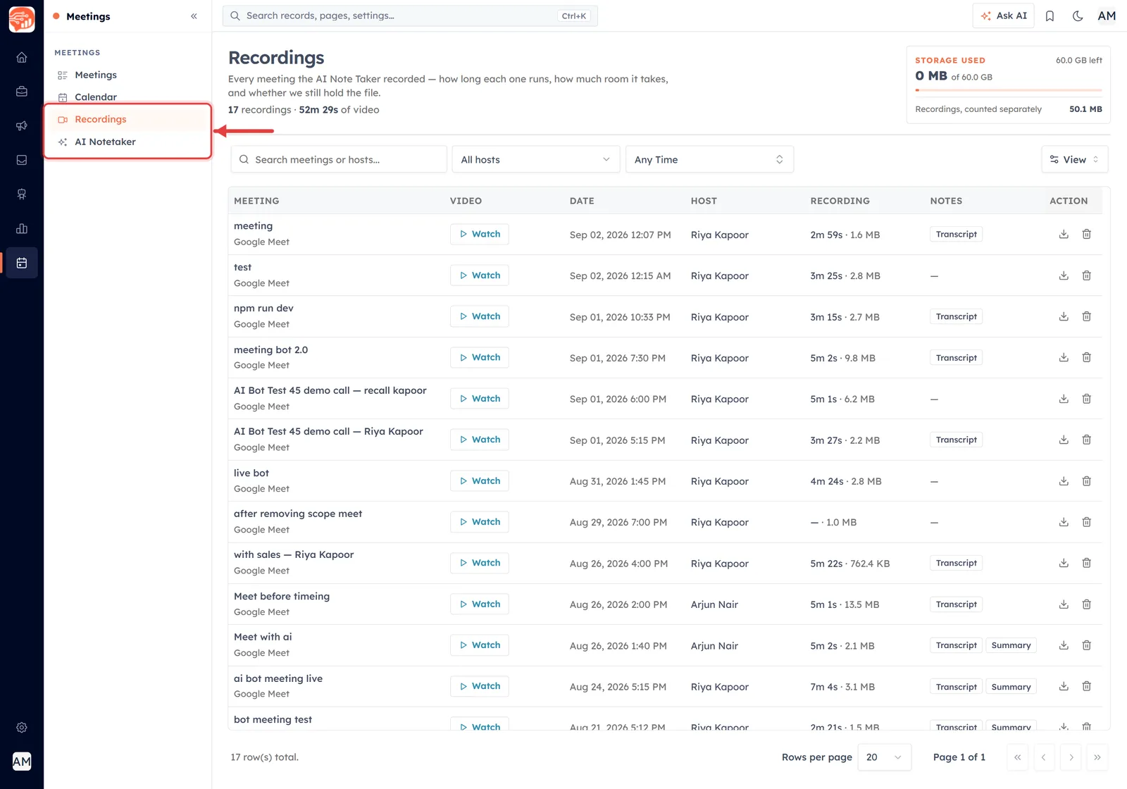 The Meetings sidebar menu with Recordings and AI Notetaker outlined in red and an arrow pointing at them