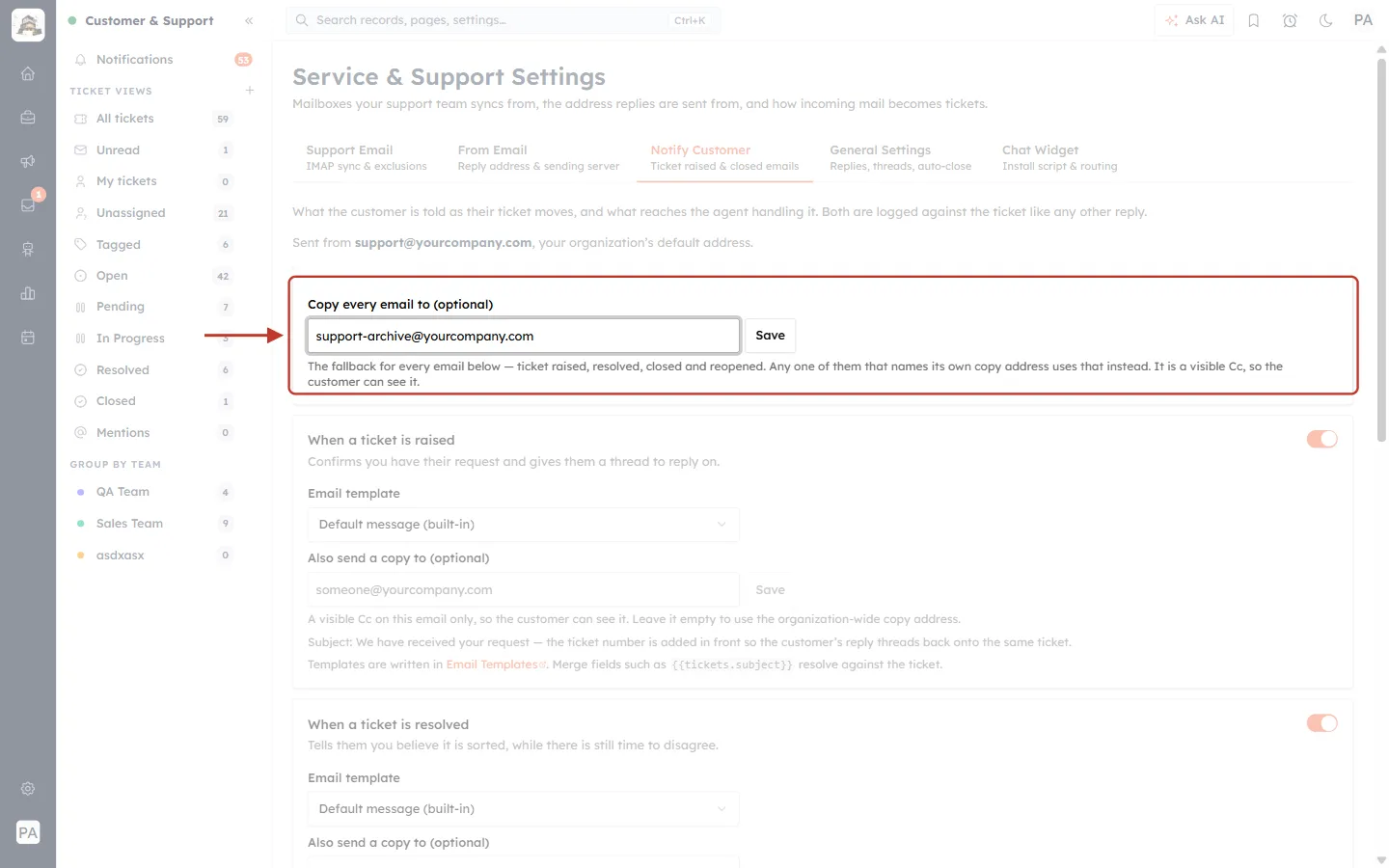 Copy every email to field with an archive address