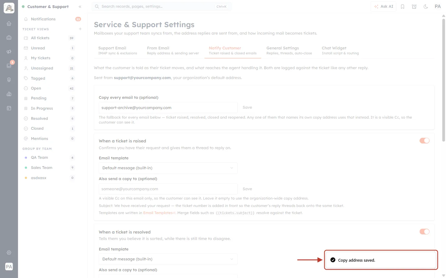 Copy address saved confirmation