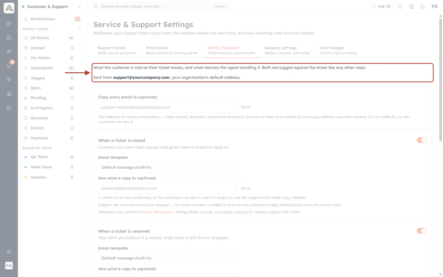 The Notify Customer description and the Sent from line