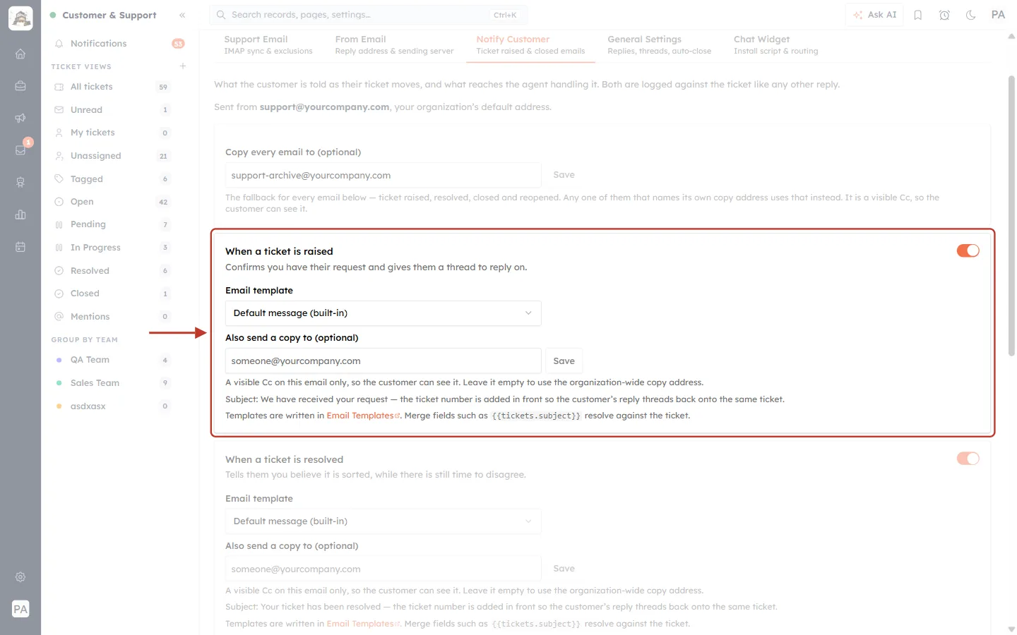 The When a ticket is raised email card