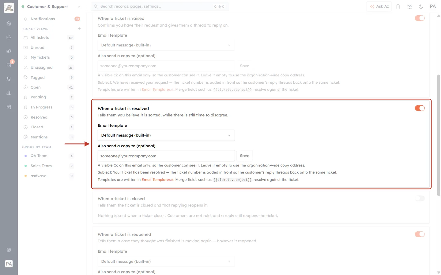 The When a ticket is resolved email card