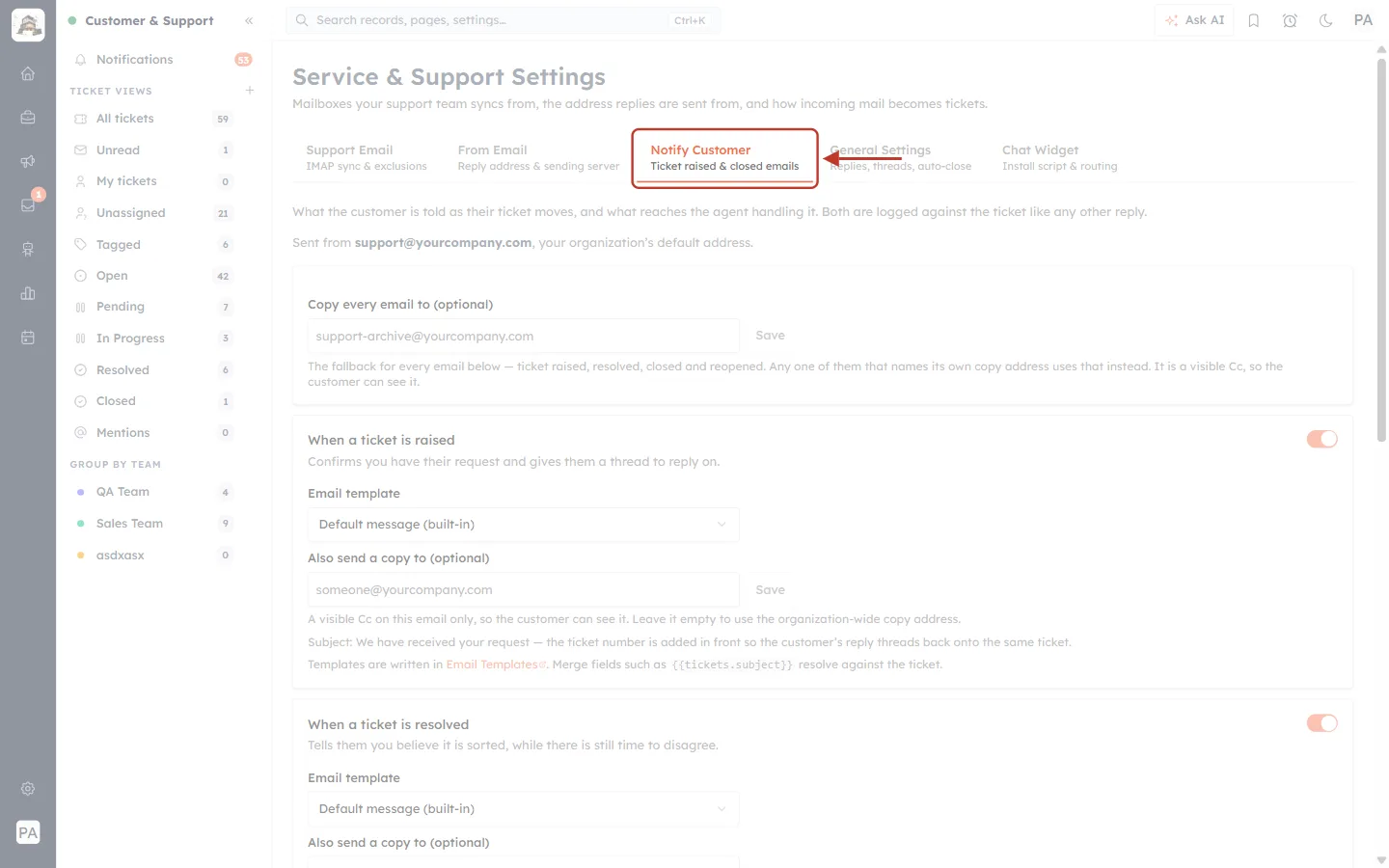 The Notify Customer tab in Service & Support Settings