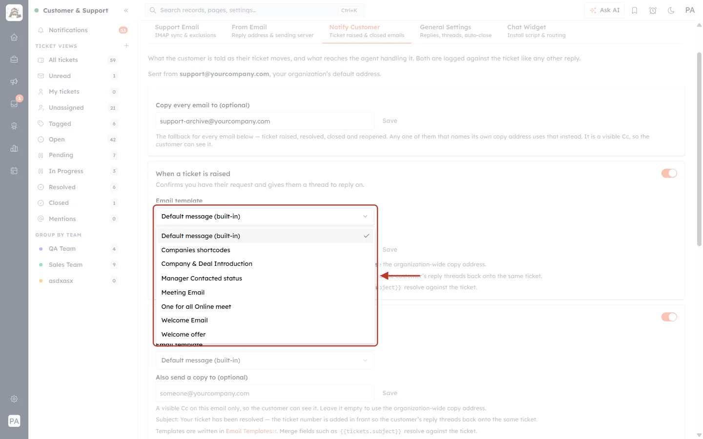 The Email template list
