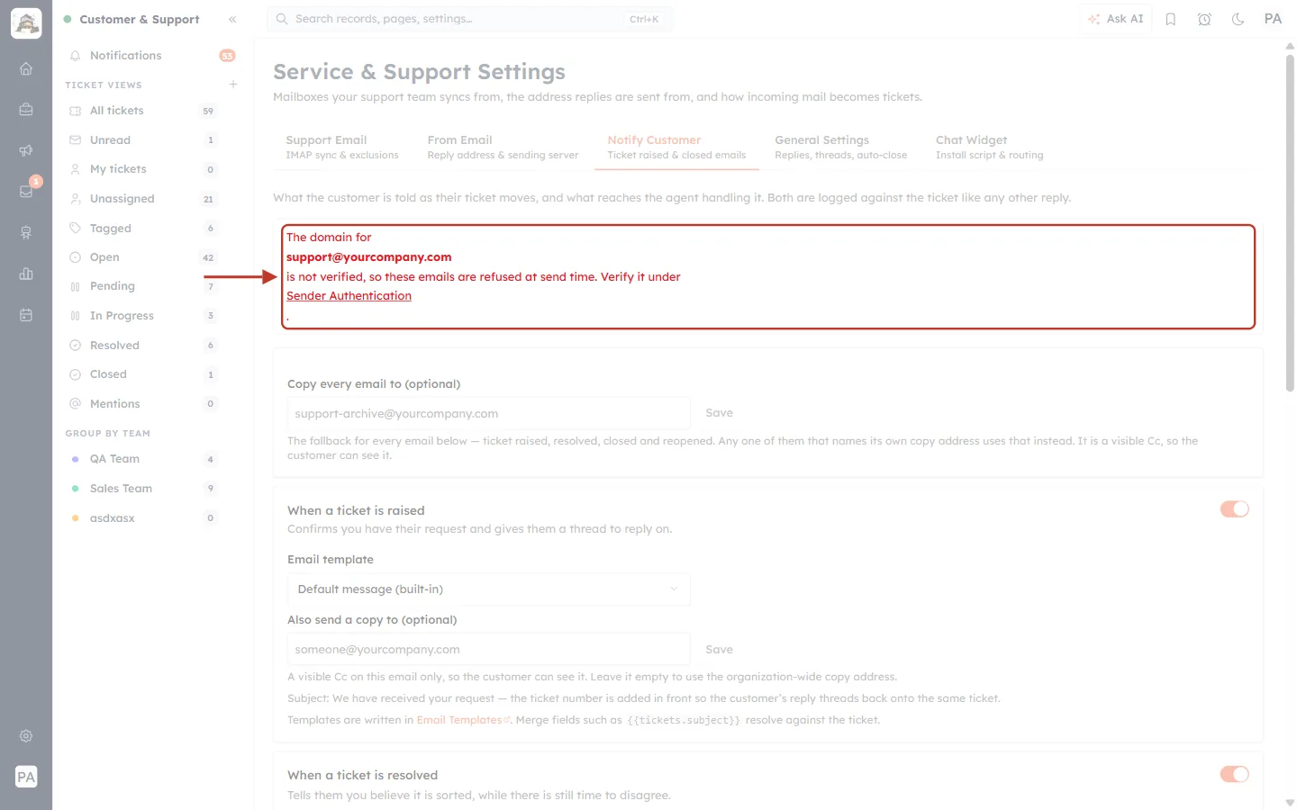 Warning that the sender domain is not verified
