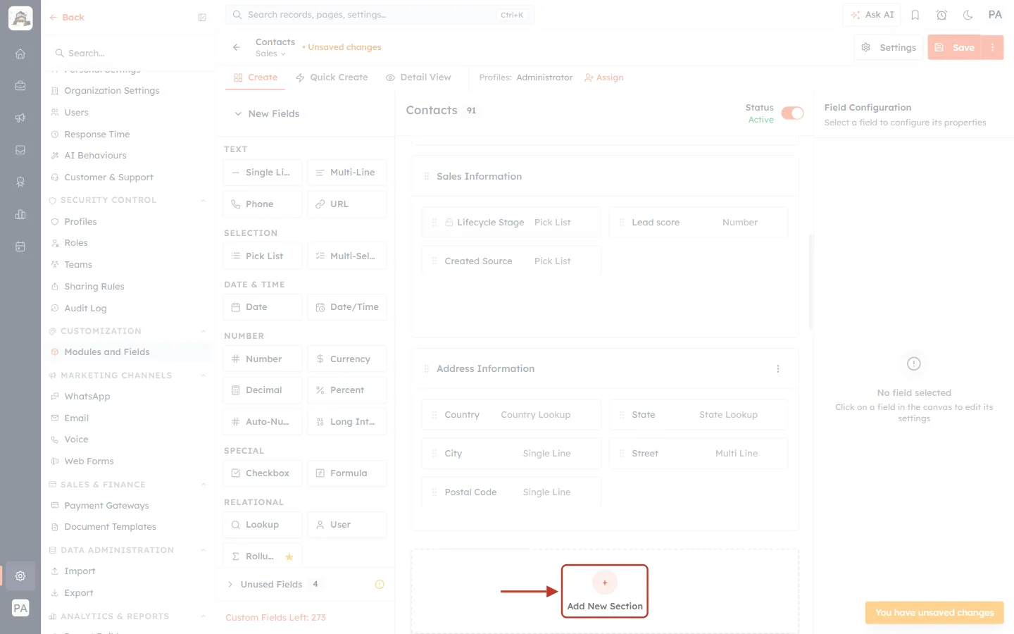 The Add New Section box at the bottom of the canvas