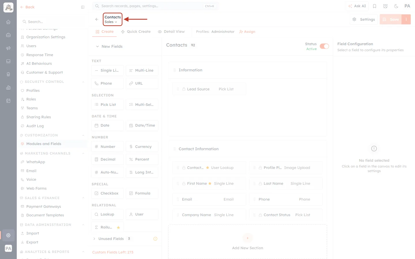 The module and layout name at the top left of the builder