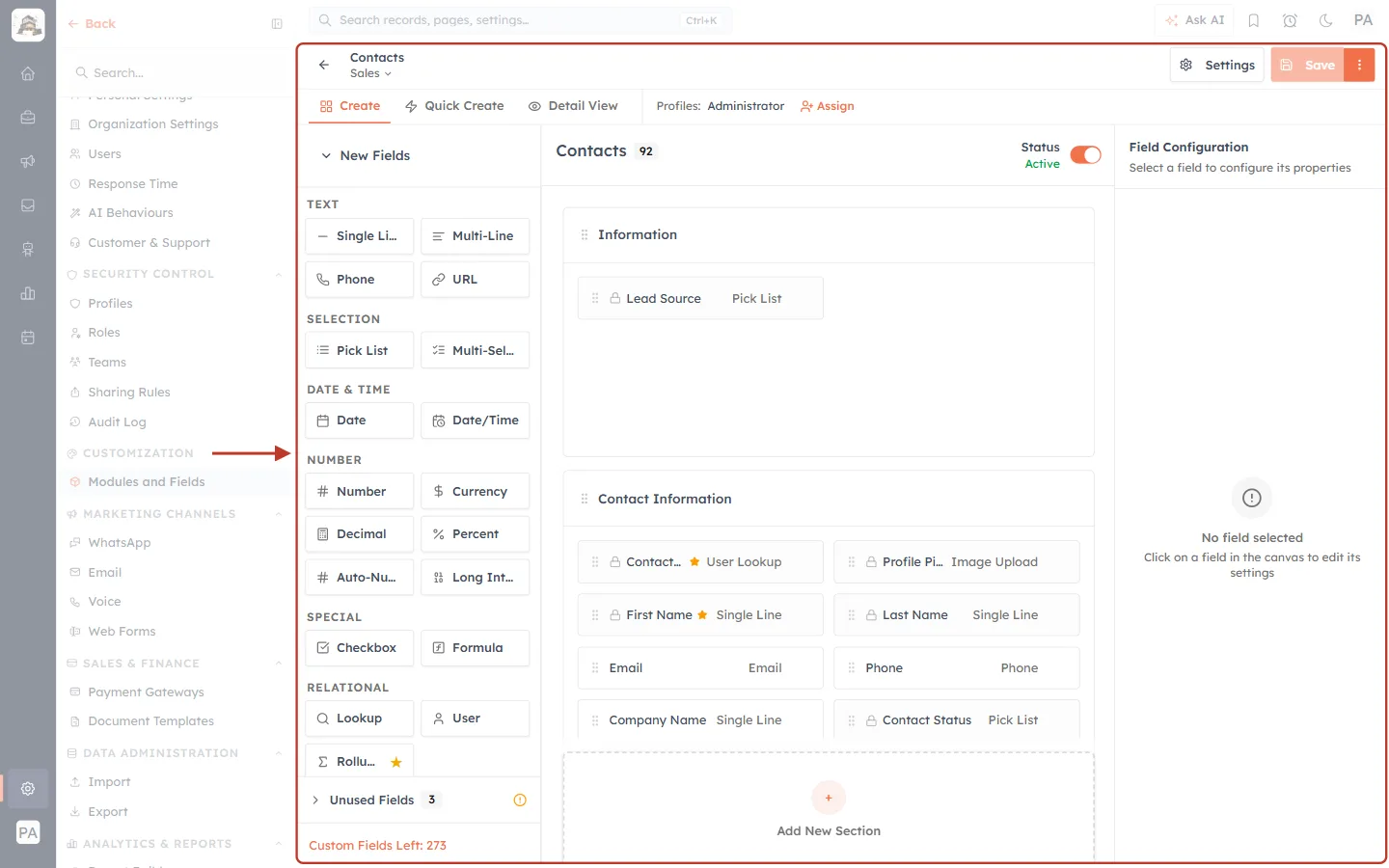 The Layout Builder open on the new Sales layout