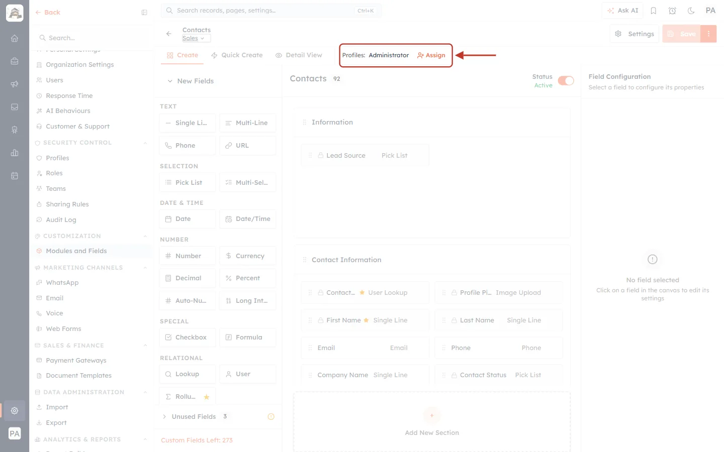 Profiles: Administrator and the Assign button
