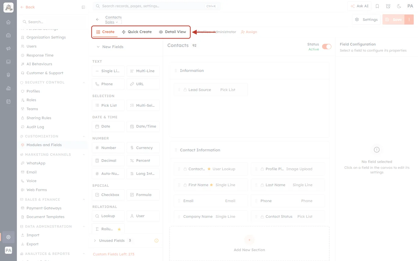 The Create, Quick Create and Detail View tabs