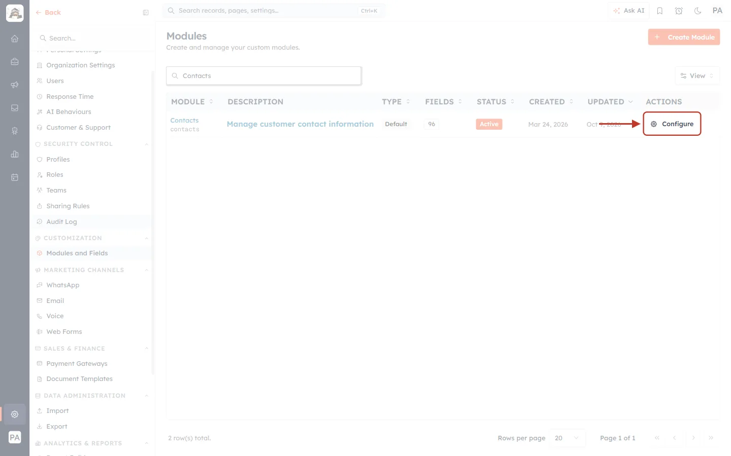 Configure on the Contacts row