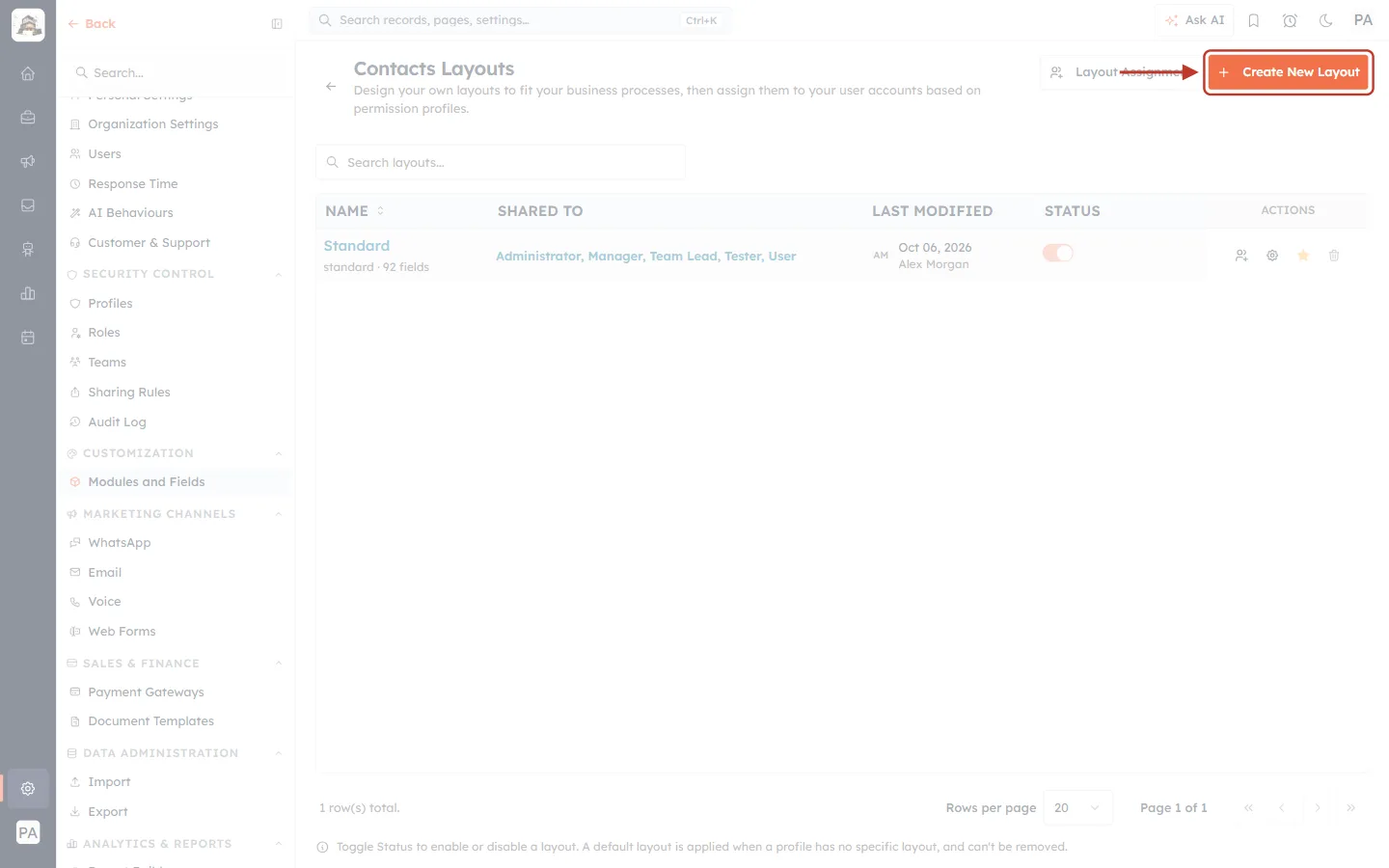 The Create New Layout button on the Layouts page