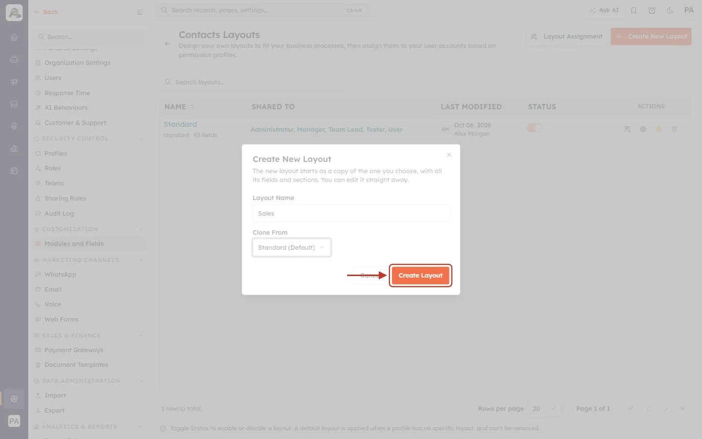 The Create Layout button