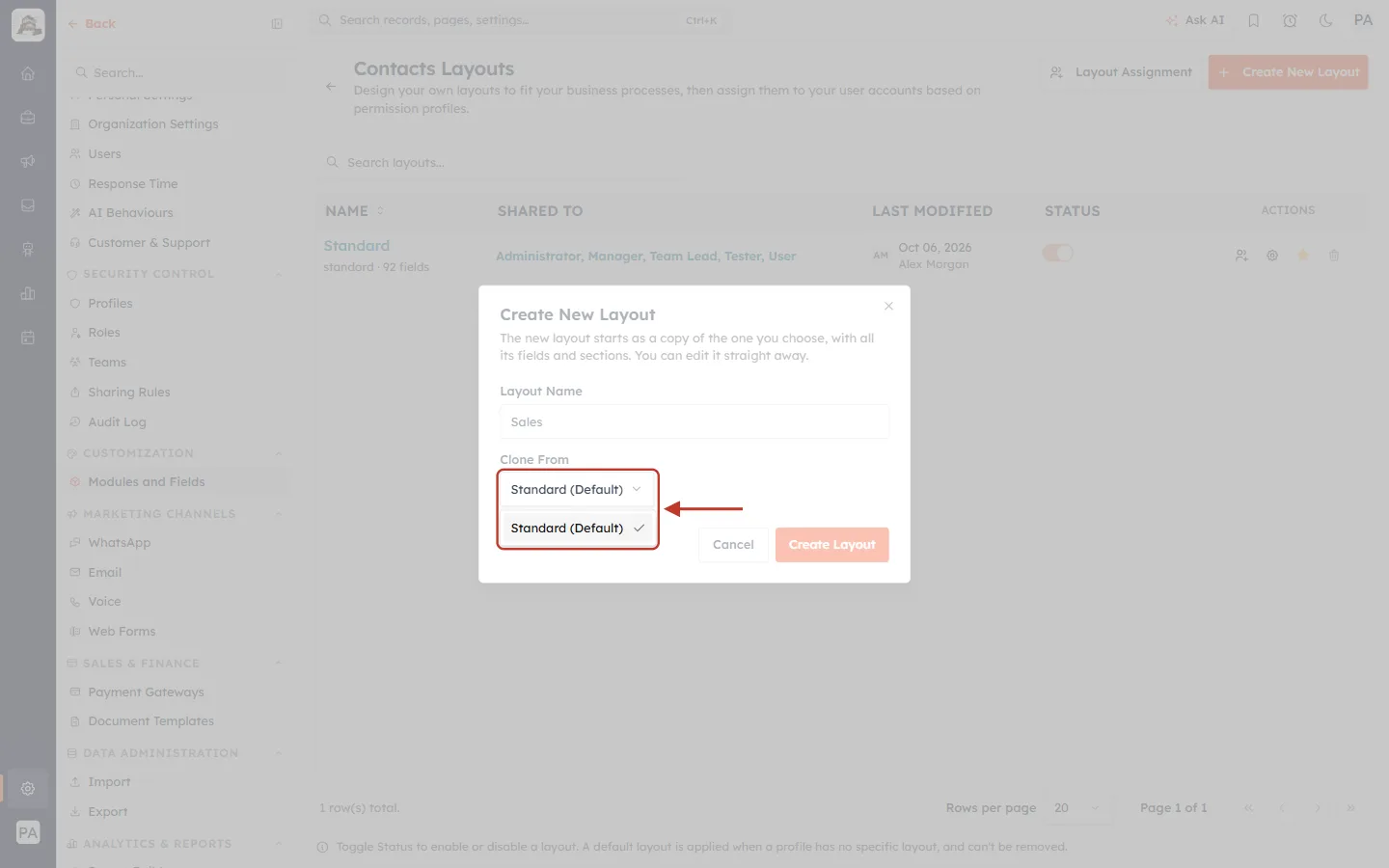 The Clone From list open in the Create New Layout window