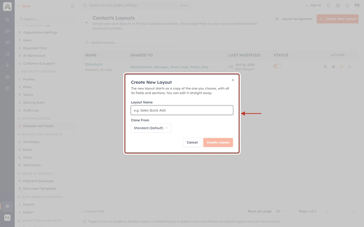 The empty Create New Layout window