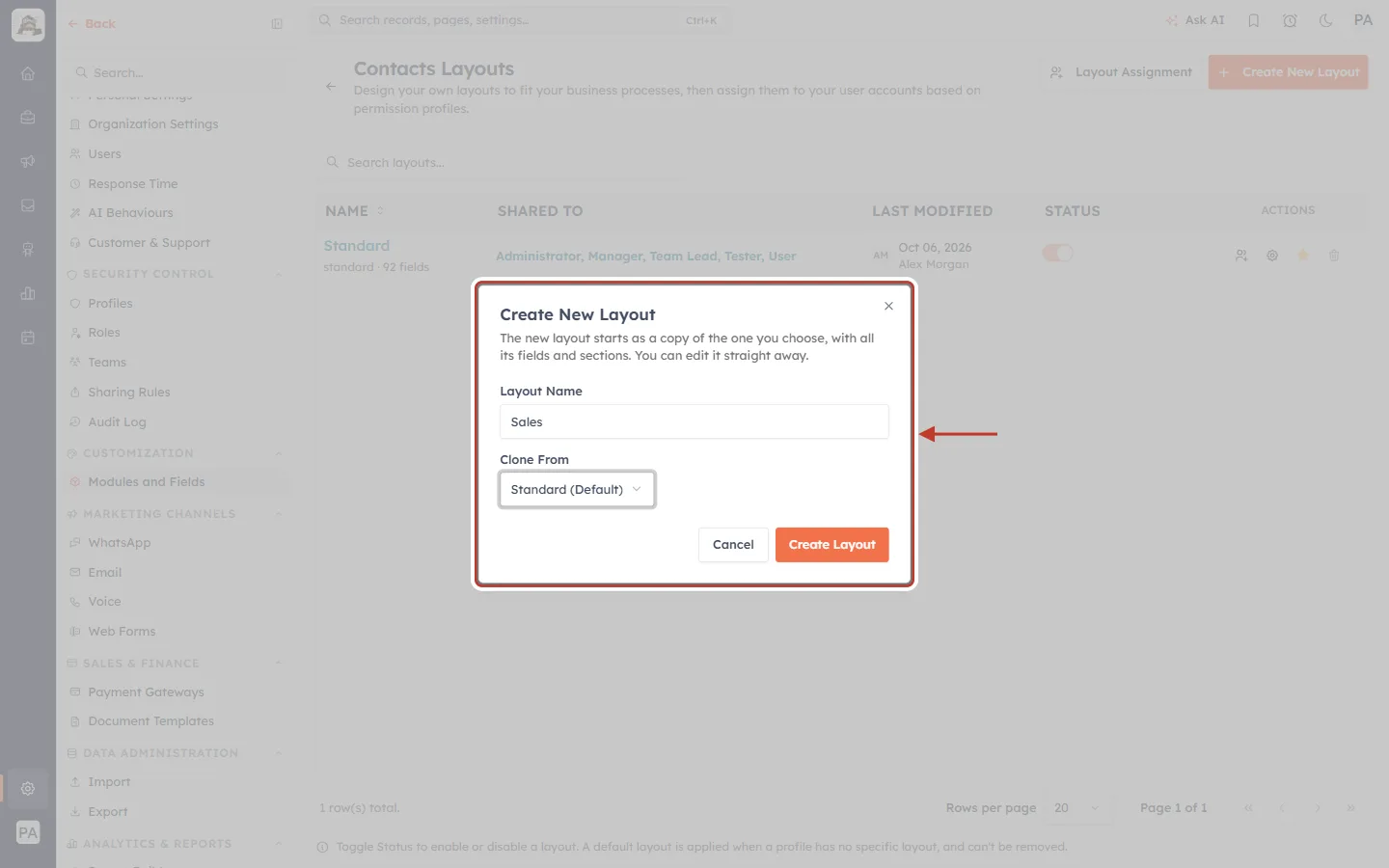 The Create New Layout window filled in